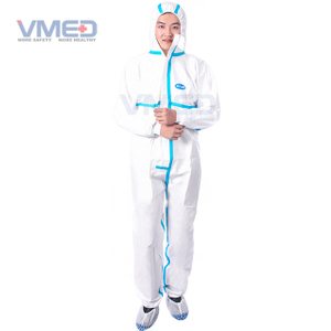 파란색 스트립이있는 일회용 흰색 미세 다공성 보호 작업복